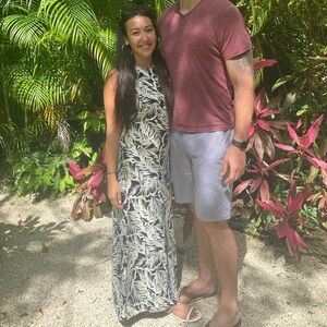 Tropical halter maxi dress with tie back and zipper